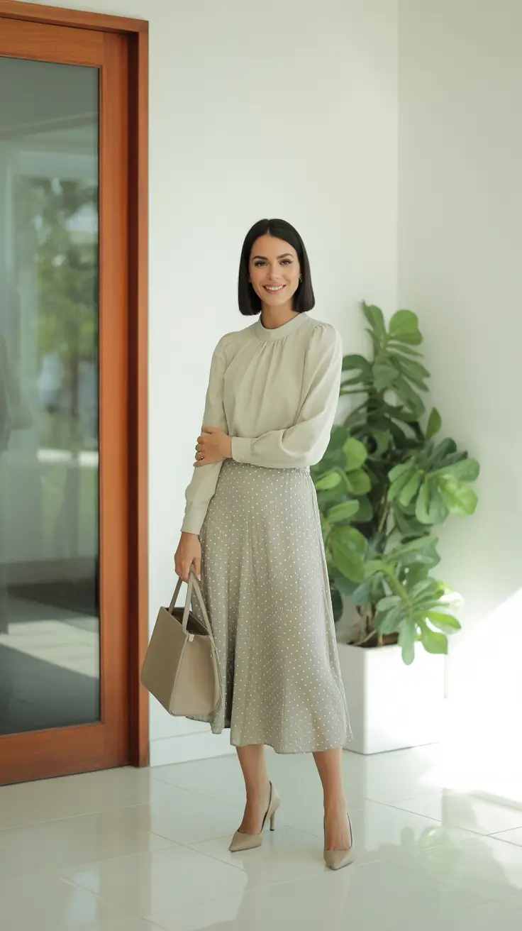 elegant spring skirt outfits 2026 - Soft Blouse And Polka Midi For Quiet Morning Minimalism