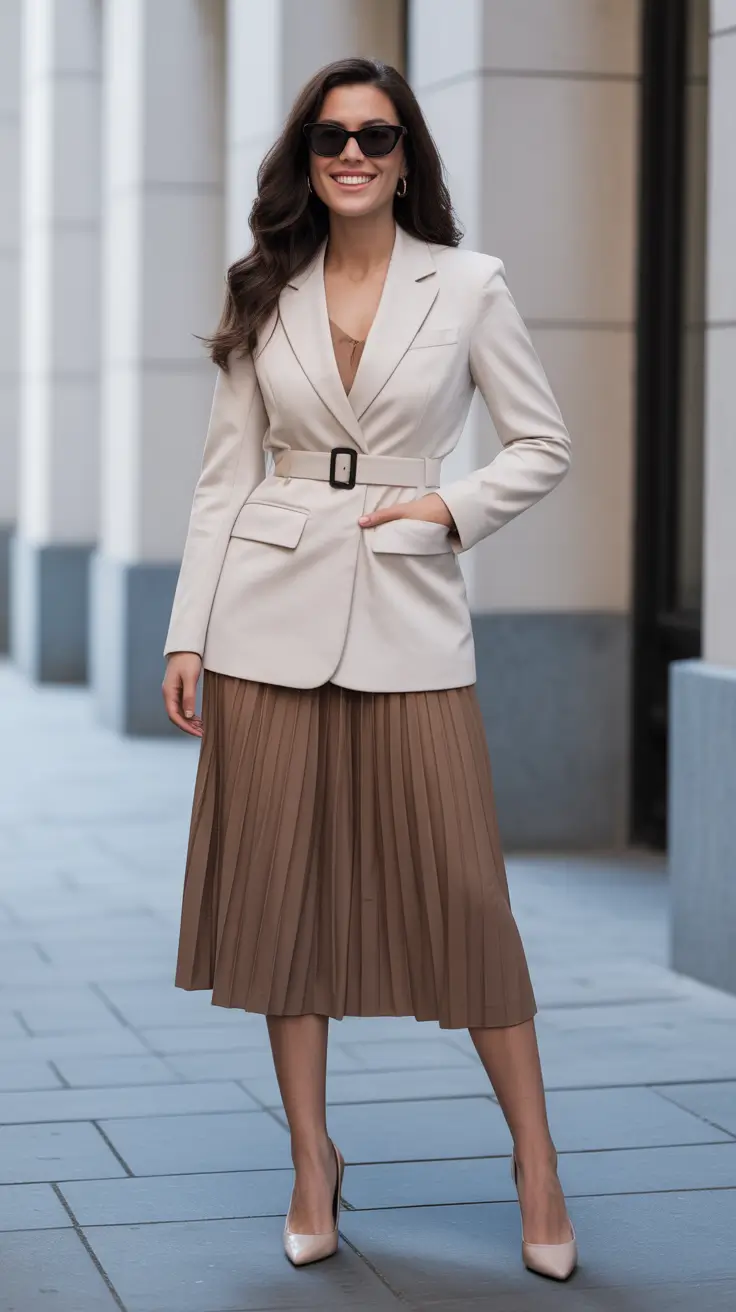 elegant spring skirt outfits 2026 - Ivory Belted Blazer And Mocha Pleats For City Chic Spring