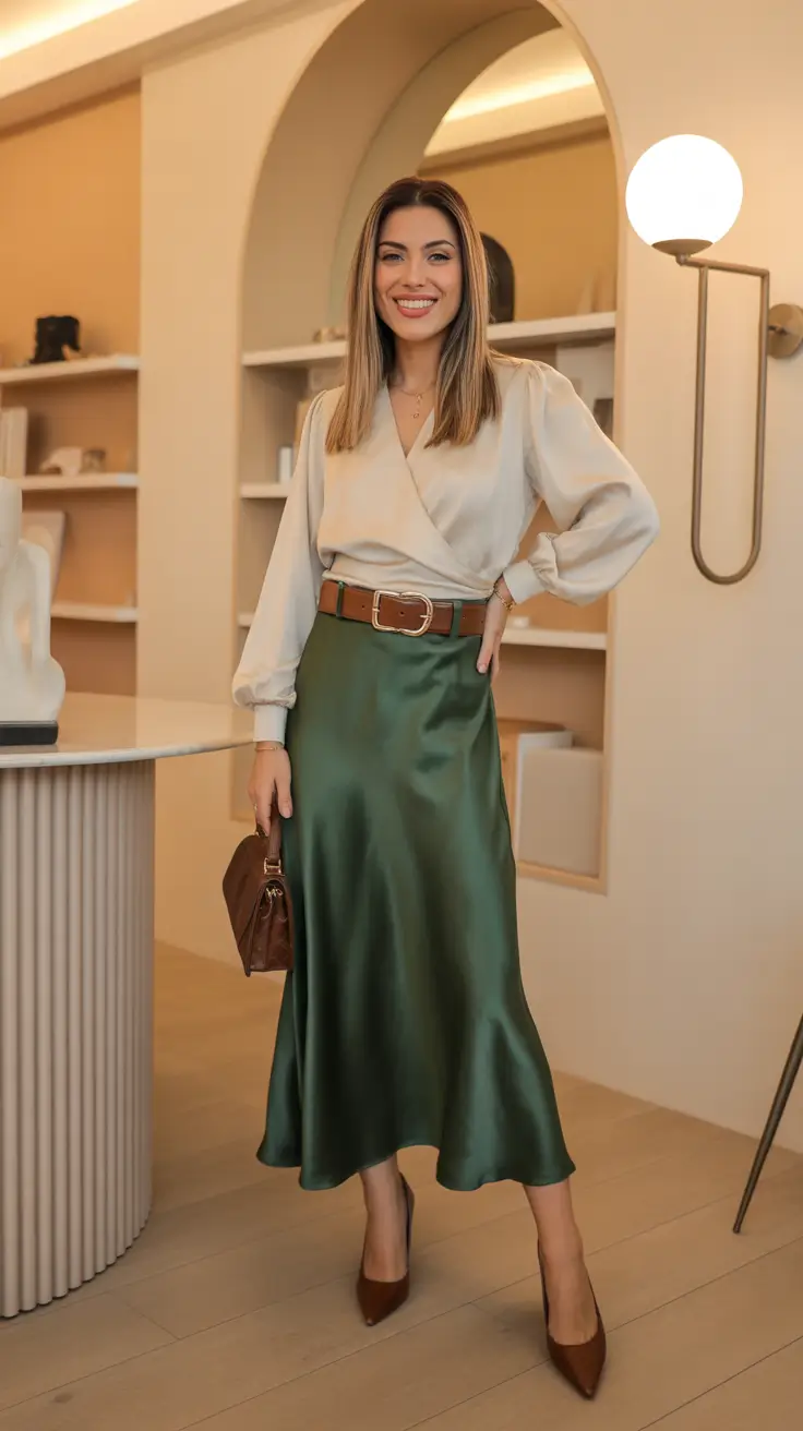 elegant spring skirt outfits 2026 - Emerald Satin Midi And Wrap Blouse For Polished Workdays
