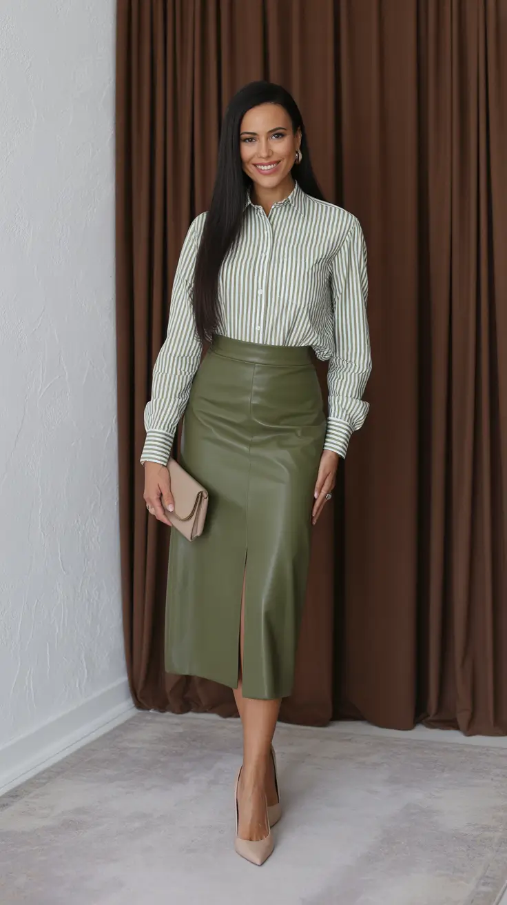 elegant spring skirt outfits 2026 - Striped Shirt And Olive Leather Pencil Skirt For Sleek Office Energy