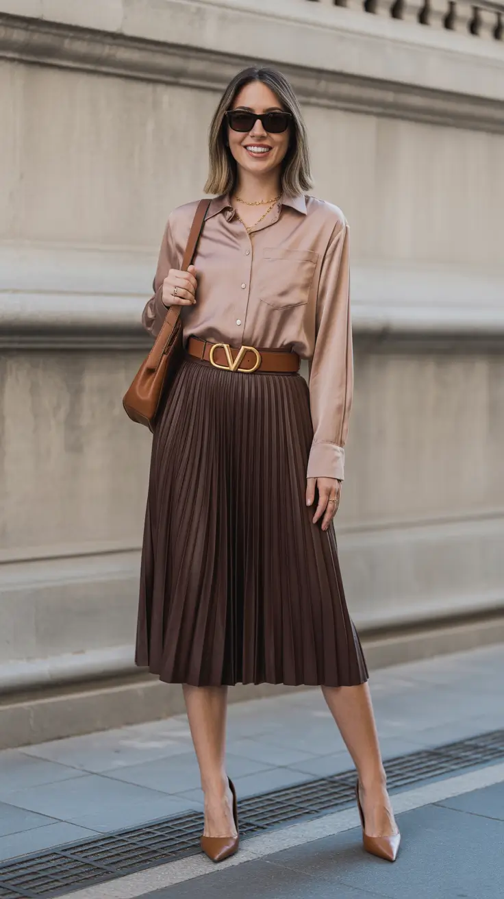 elegant spring skirt outfits 2026 - Champagne Silk Shirt And Chocolate Pleats For City Chic