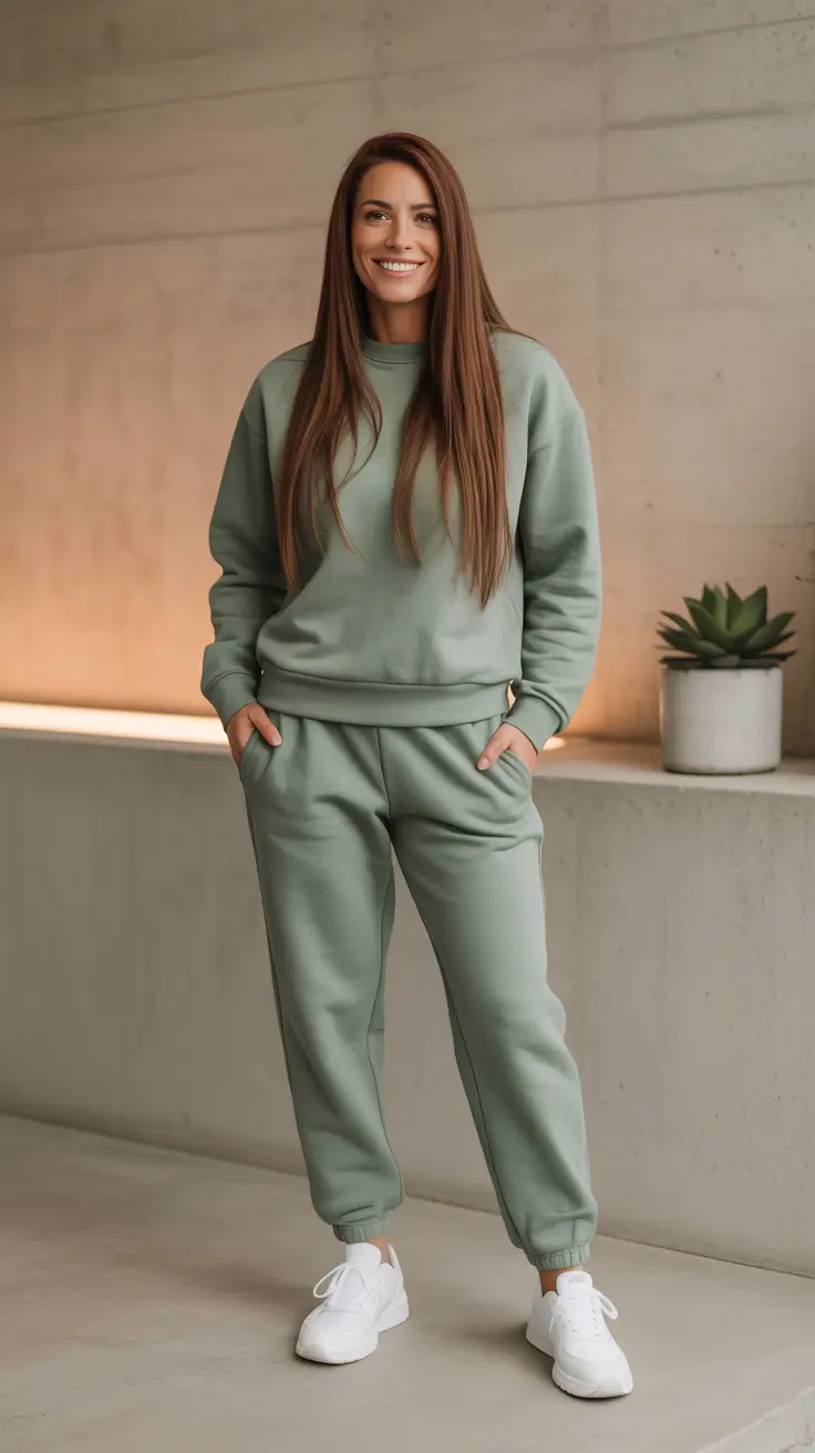 elegant spring sport outfits for women 2026 Sage Monochrome Set With Clean White Sneakers