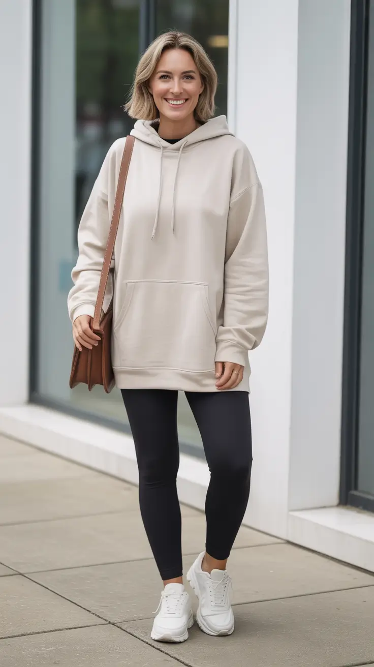 elegant spring sport outfits for women 2026 Oversized Oat Hoodie With Sleek Leggings Balance
