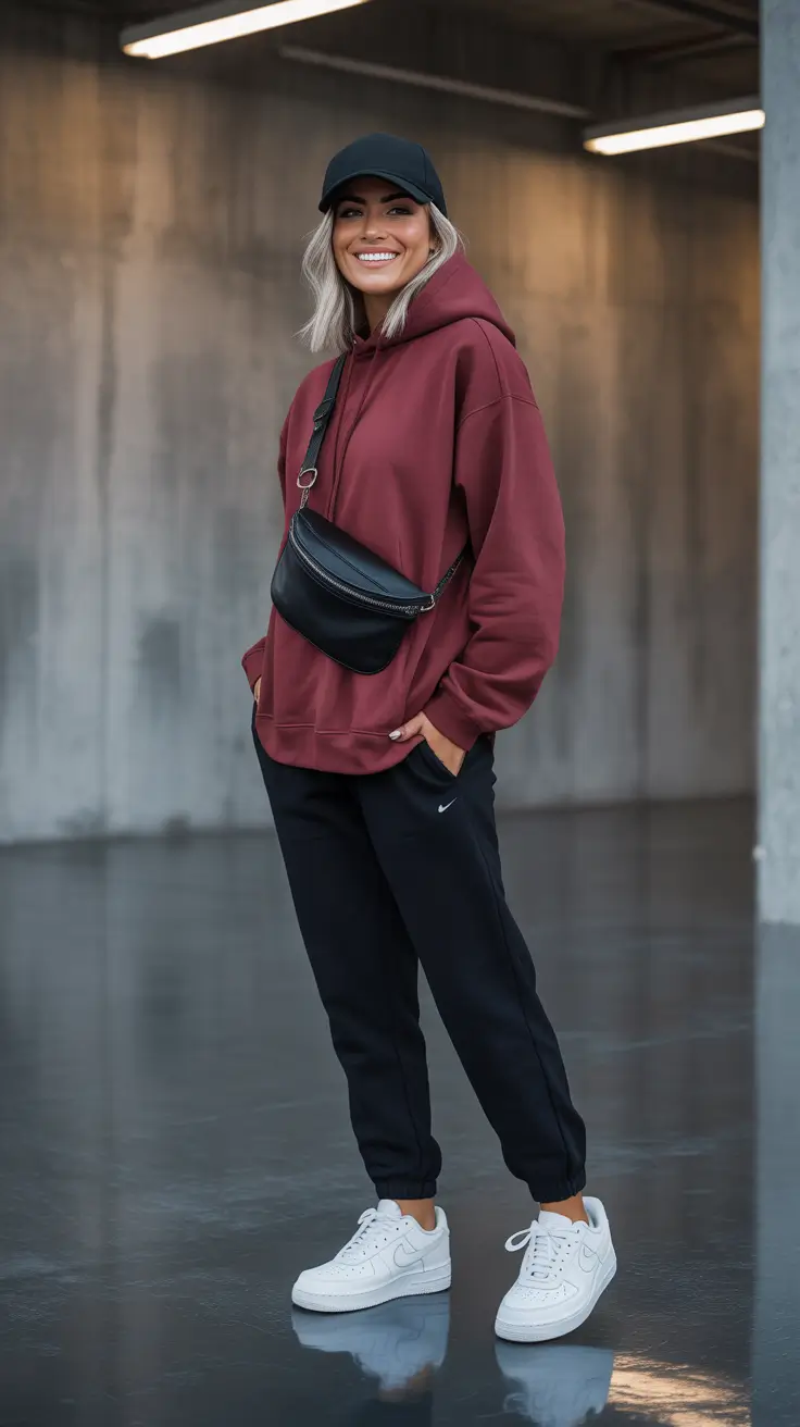 elegant spring sport outfits for women 2026 Burgundy Hoodie With Black Sport Edge