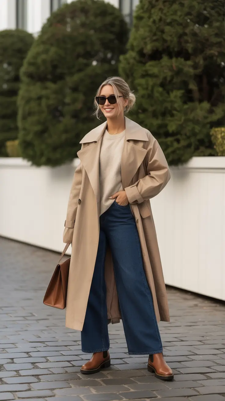 trendy spring transition outfits to wear 2026 Classic Trench And Wide-Leg Jeans For Easy Everyday Layers