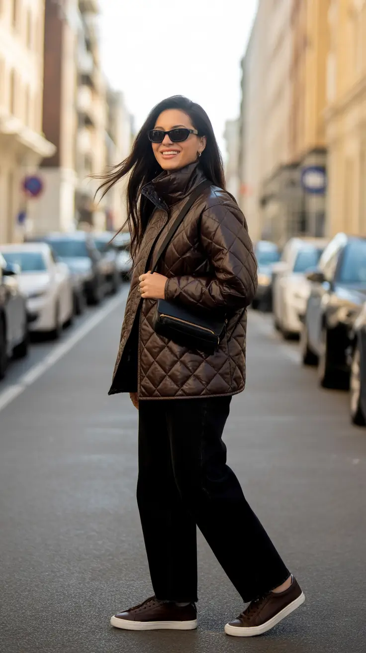 trendy spring transition outfits to wear 2026 + Chocolate Quilted Jacket And Sneaker Ease