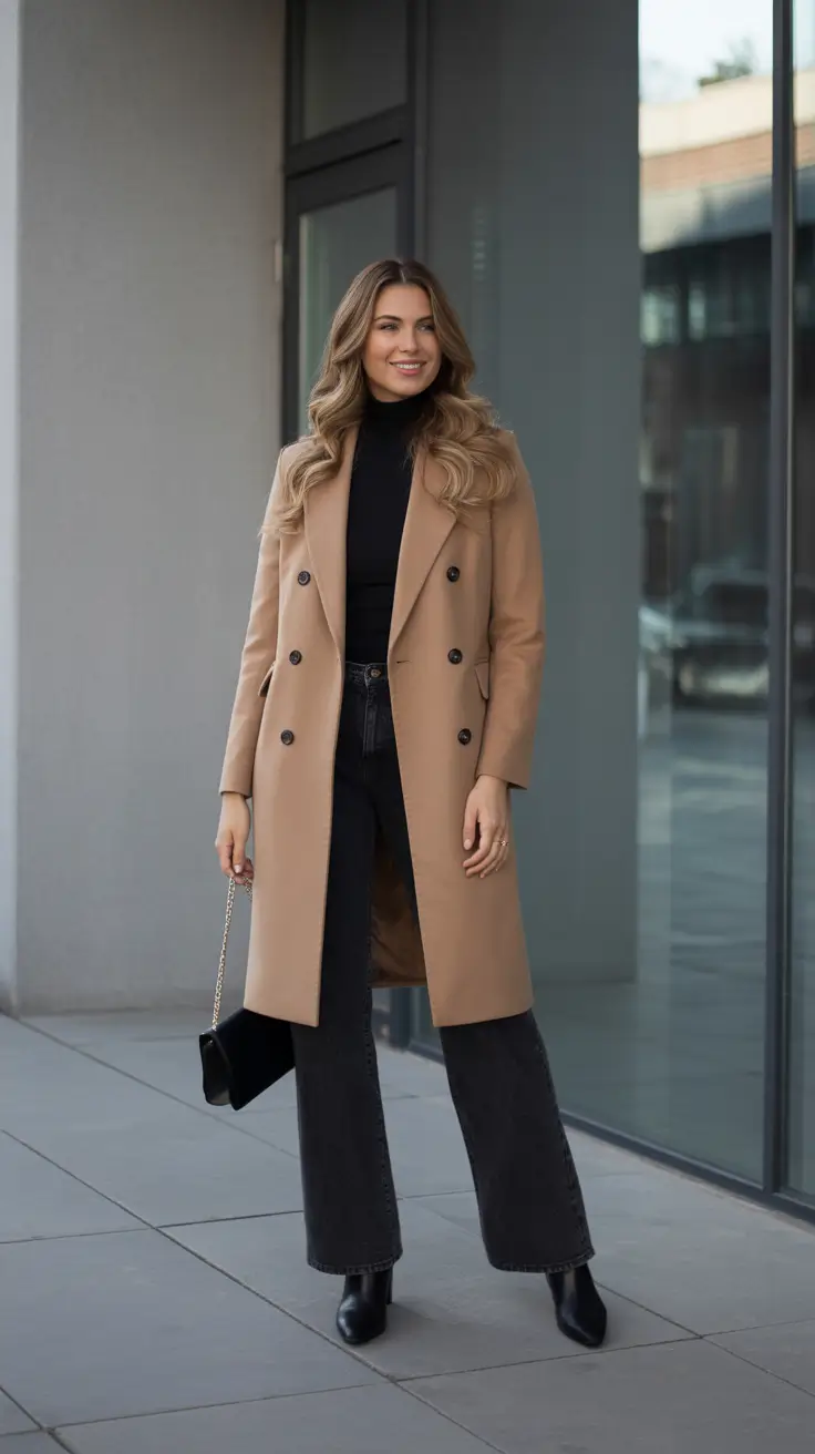 trendy spring transition outfits to wear 2026 + Camel Coat And Turtleneck For Crisp Workdays
