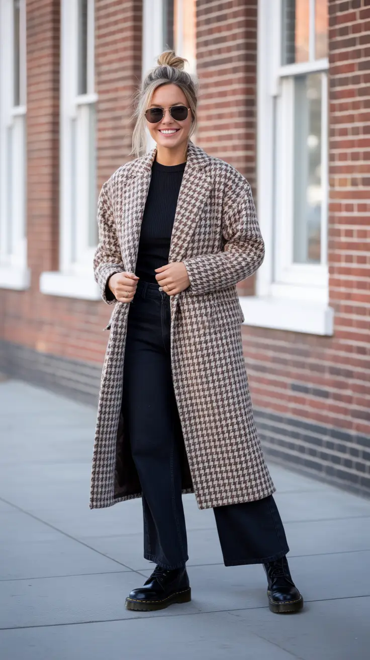 trendy spring transition outfits to wear 2026 + Houndstooth Coat With Chunky Boots And Attitude