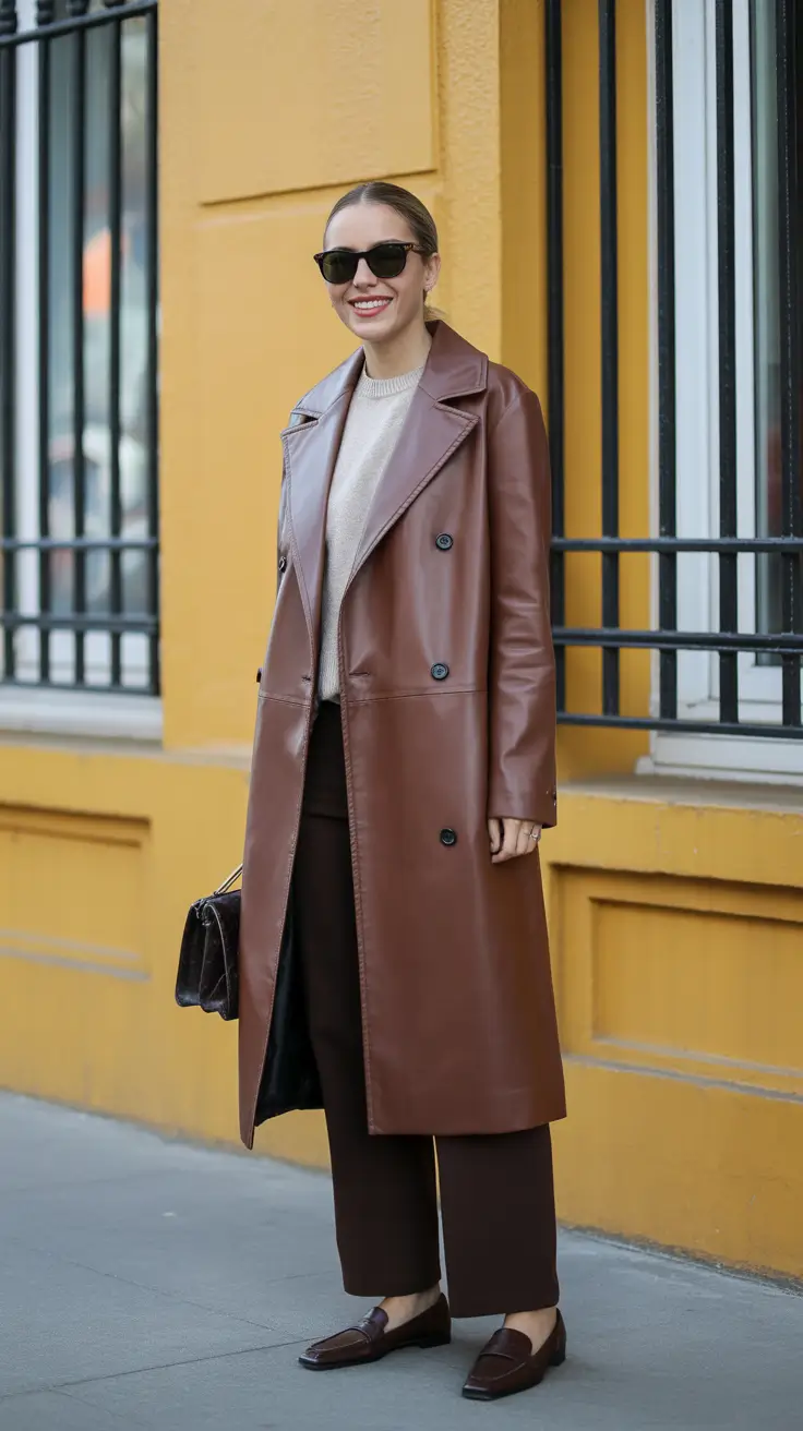 trendy spring transition outfits to wear 2026 Chocolate Leather Trench With Cream Knit And Loafers
