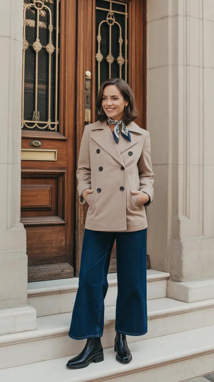 trendy spring transition outfits to wear 2026 Beige Double-Breasted Jacket With Wide Jeans And A Silk Scarf