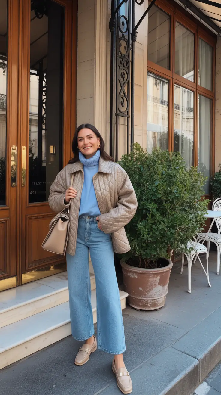 trendy spring transition outfits to wear 2026 Quilted Jacket With Sky-Blue Turtleneck And Light Denim