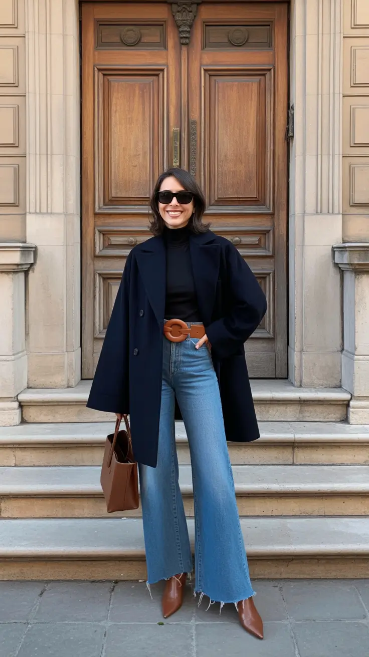 trendy spring transition outfits to wear 2026 Navy Coat With Black Turtleneck And Wide-Leg Jeans