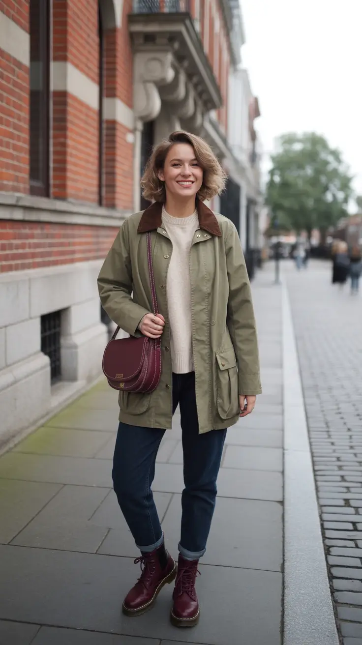 trendy spring transition outfits to wear 2026 Olive Utility Jacket With Cream Sweater And Burgundy Boots
