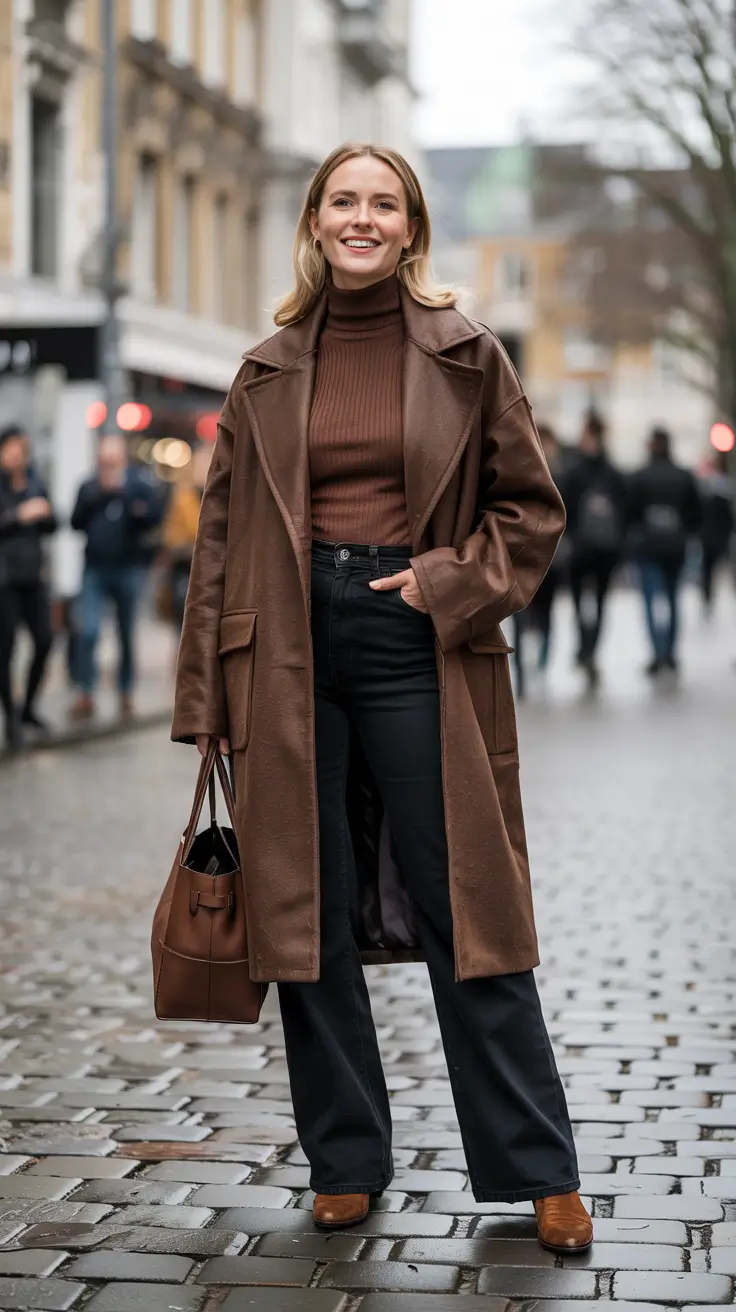 trendy spring transition outfits to wear 2026 Brown Leather Coat With Ribbed Turtleneck And Black Denim