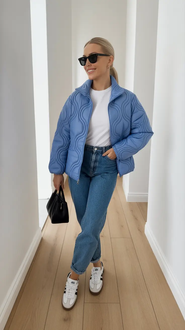 trendy spring transition outfits to wear 2026 + A Bright Puffer Moment With Everyday Denim