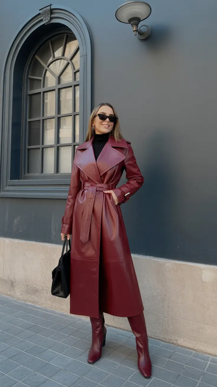 trendy spring transition outfits to wear 2026 Burgundy Leather Trench For A Statement Transitional Layer