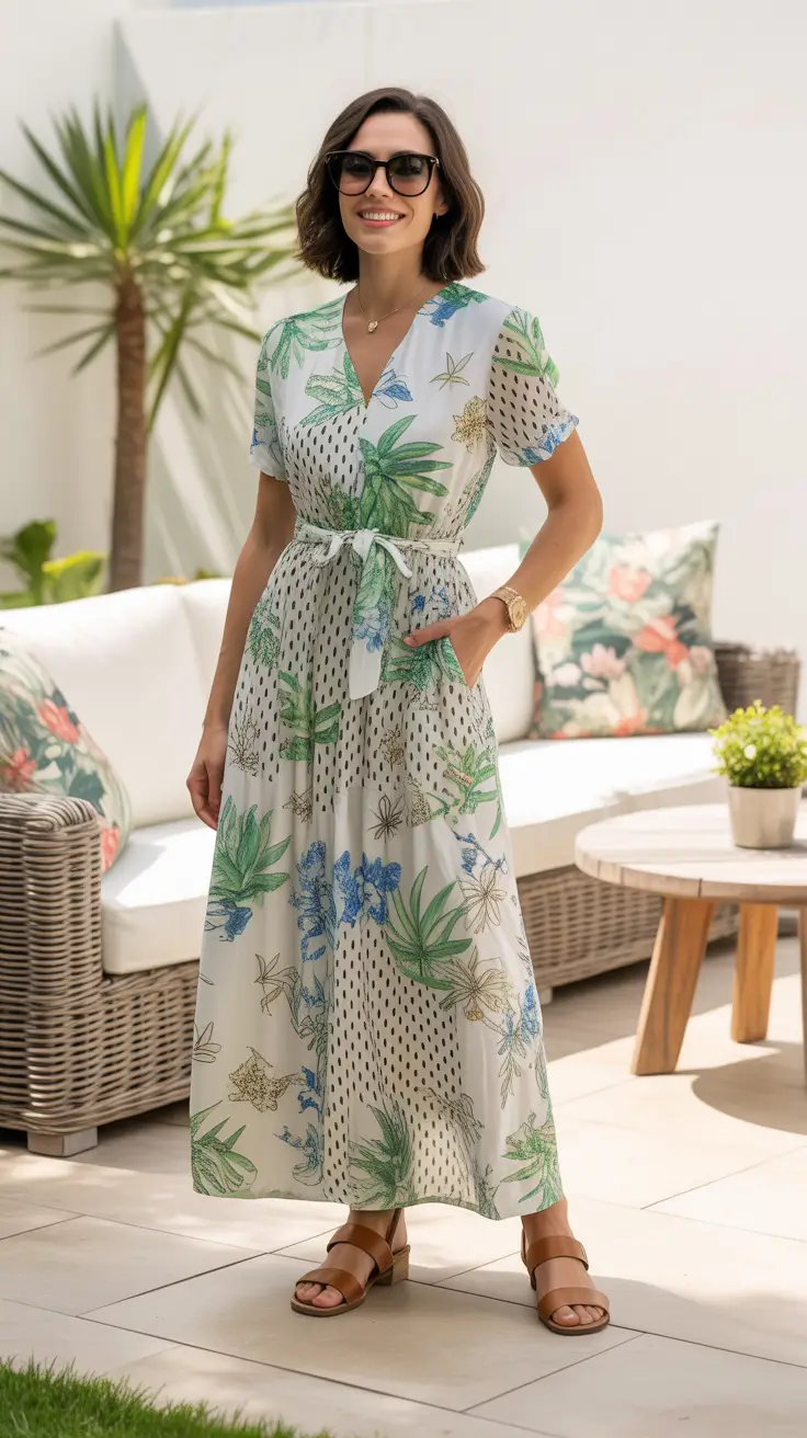 elegant spring vacation outfits 2026 Tropical Belted Maxi With Quiet-Luxury Ease
