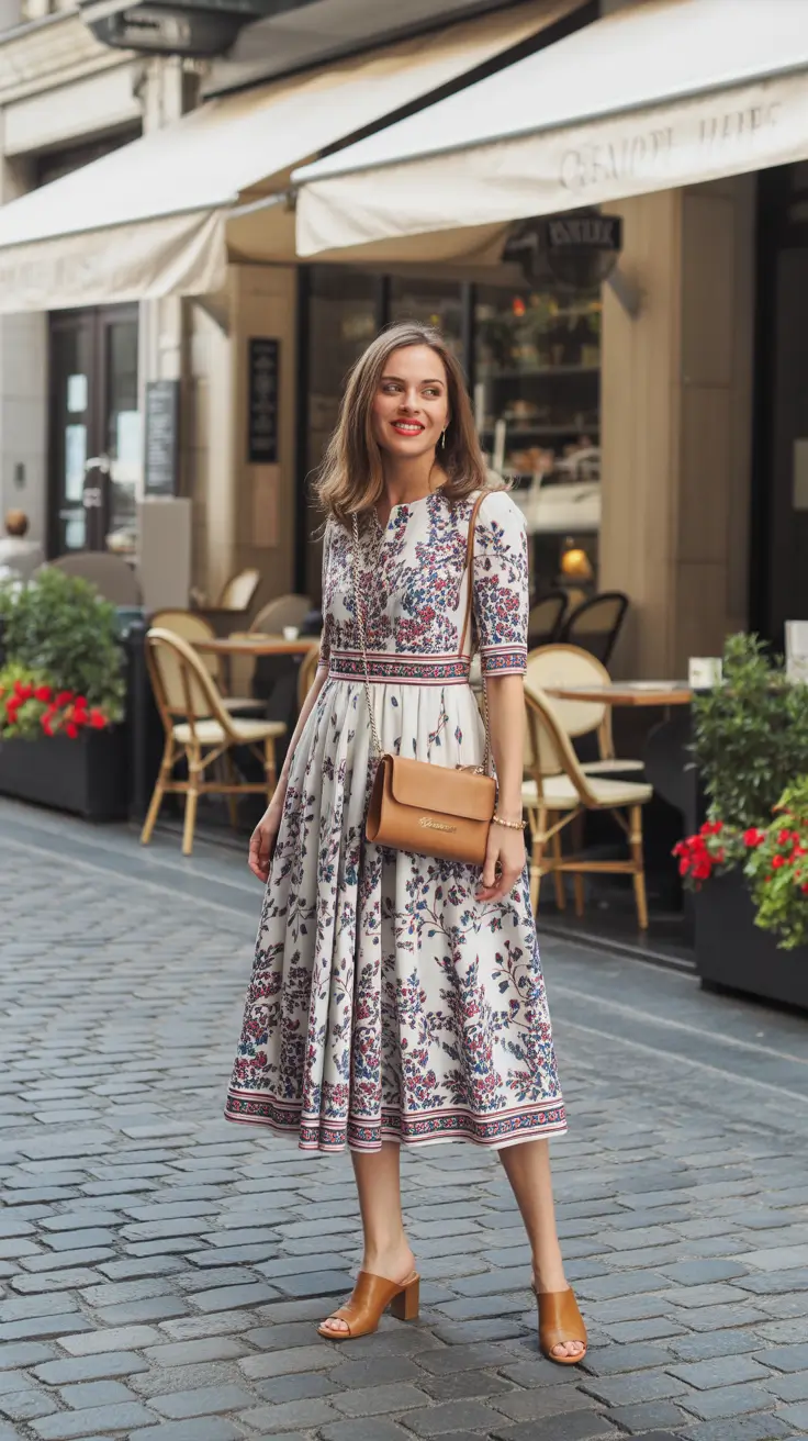 elegant spring vacation outfits 2026 Old-World Floral Midi With City-Walk Comfort