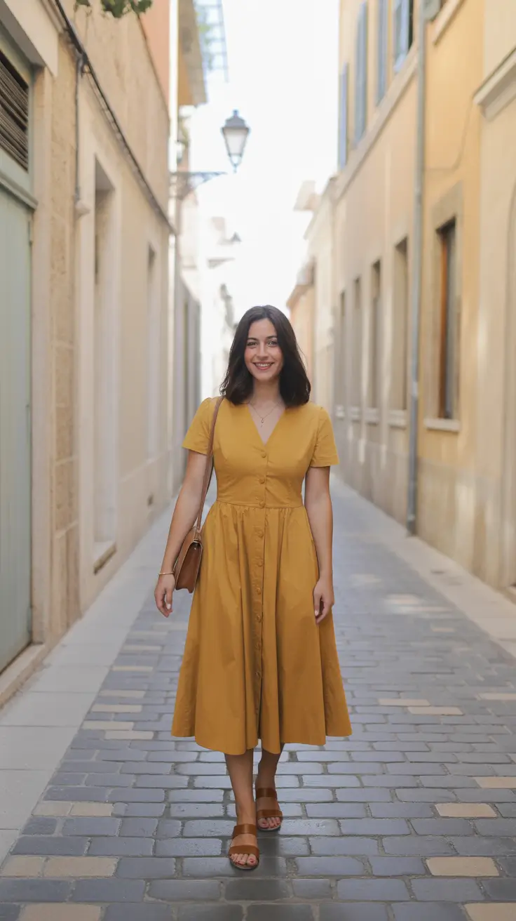 elegant spring vacation outfits 2026 - Marigold Midi Dress For Cobblestone Walks