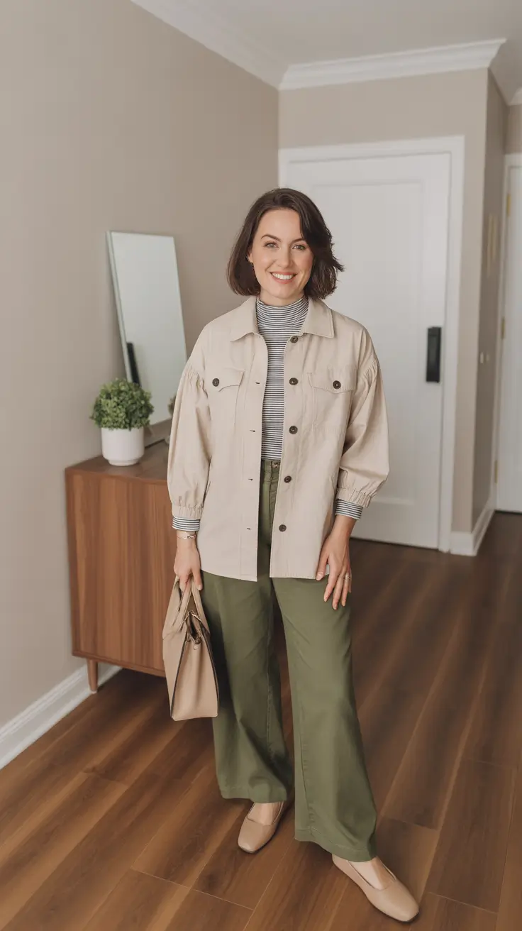 trendy spring wardrobe must-haves 2026 - Neutral Shacket And Olive Wide-Leg Ease