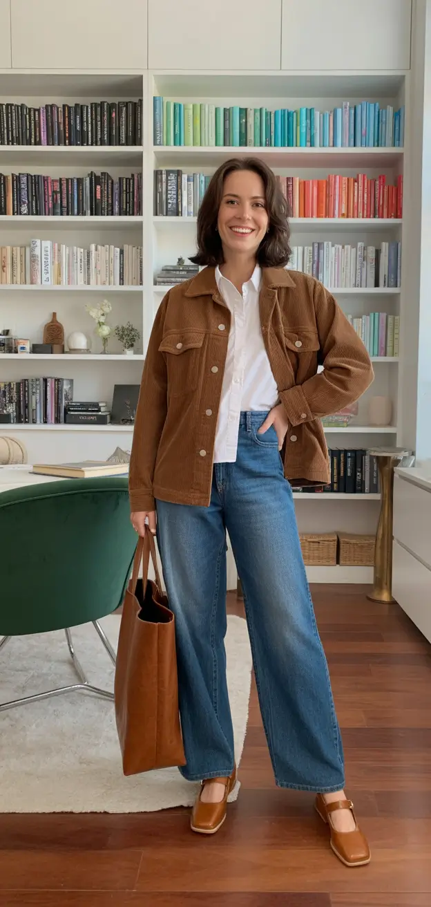 trendy spring wardrobe must-haves 2026 - Cinnamon Corduroy Overshirt And Wide-Leg Denim Ease