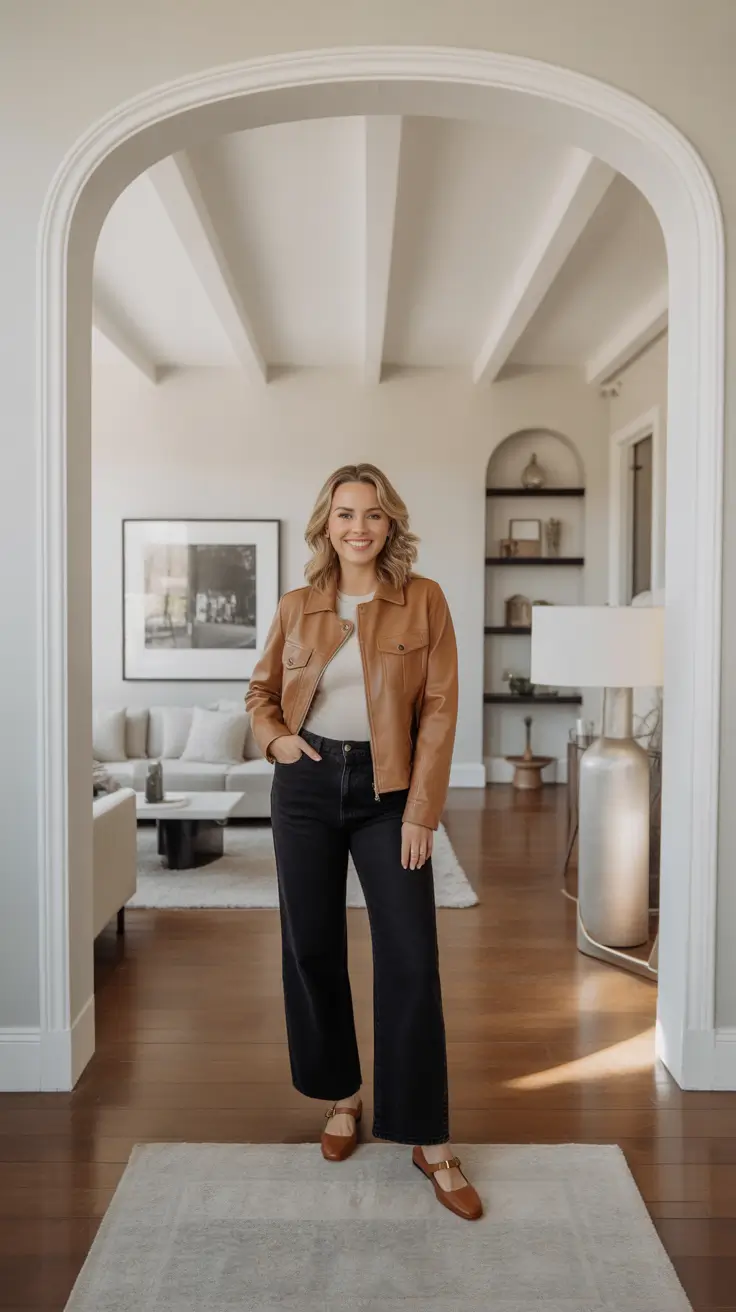 trendy spring wardrobe must-haves 2026 - Tan Leather Jacket And Black Trouser-Jeans Polish