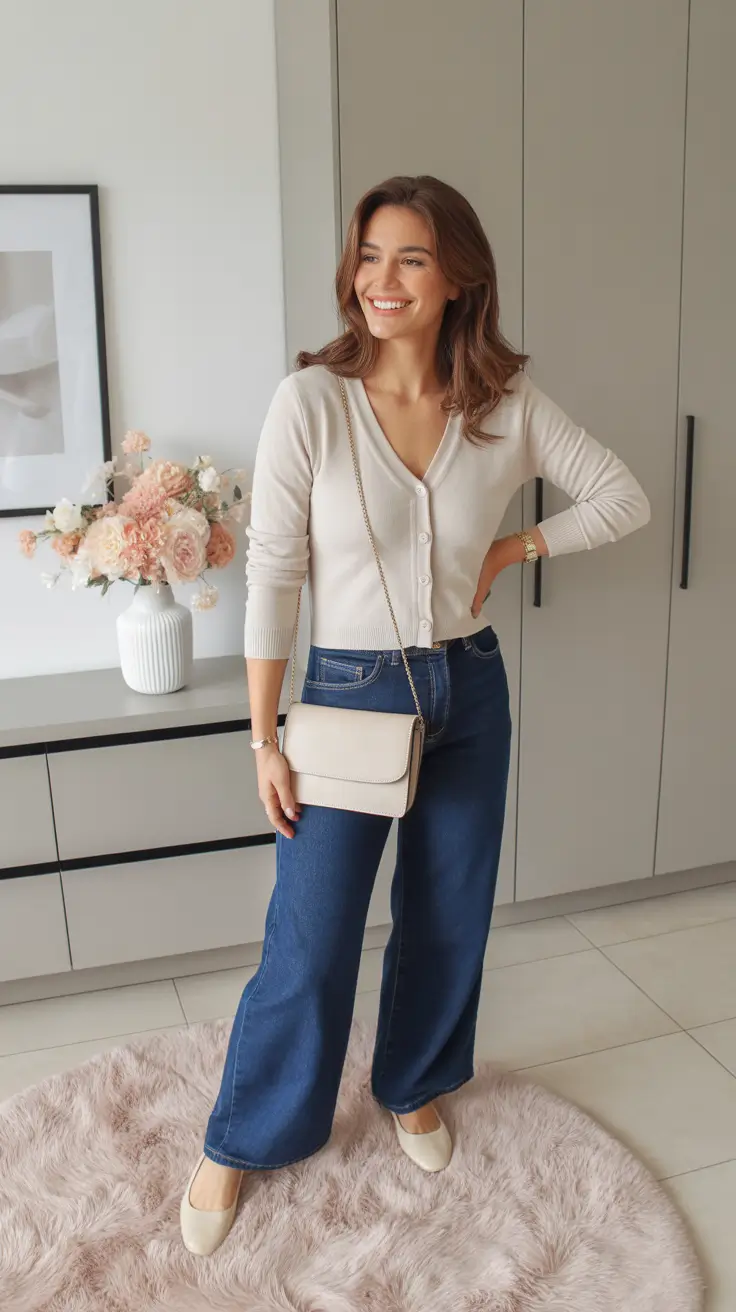 trendy spring wardrobe must-haves 2026 - Cream Button Cardigan And Blue Jeans Soft Classic