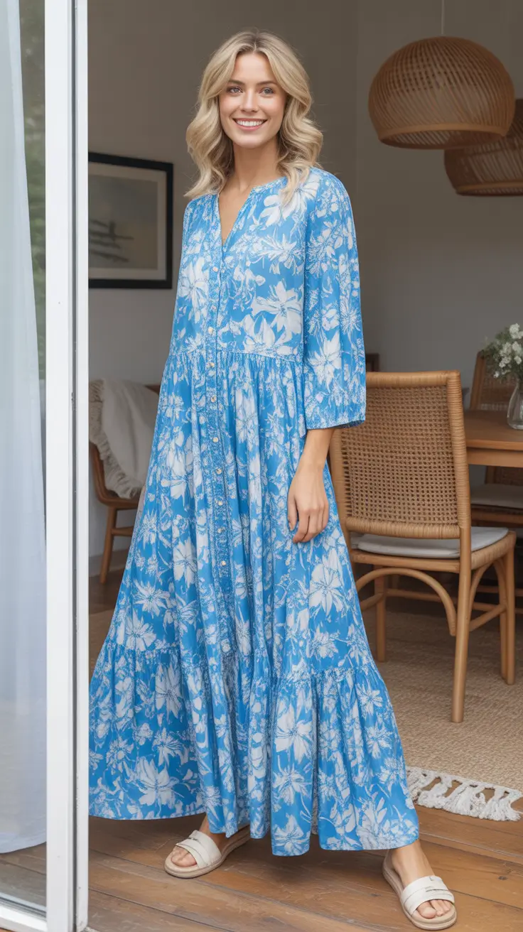 trendy spring wardrobe must-haves 2026 - Blue Floral Maxi Dress With Easy Spring Sandals