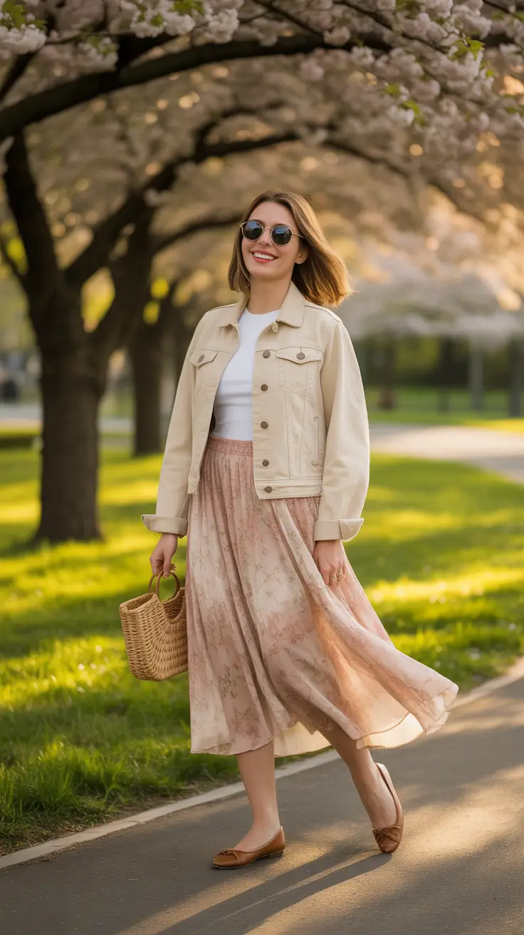 trendy spring wardrobe must-haves 2026 - Beige Denim Jacket With Blush Midi Skirt And Straw Tote