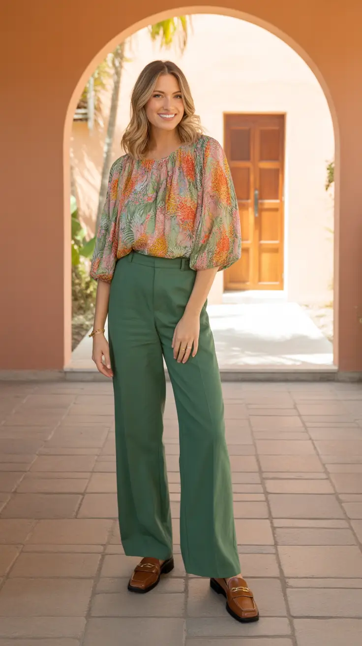 trendy spring wardrobe must-haves 2026 - Bright Botanical Blouse With Tailored Green Trousers