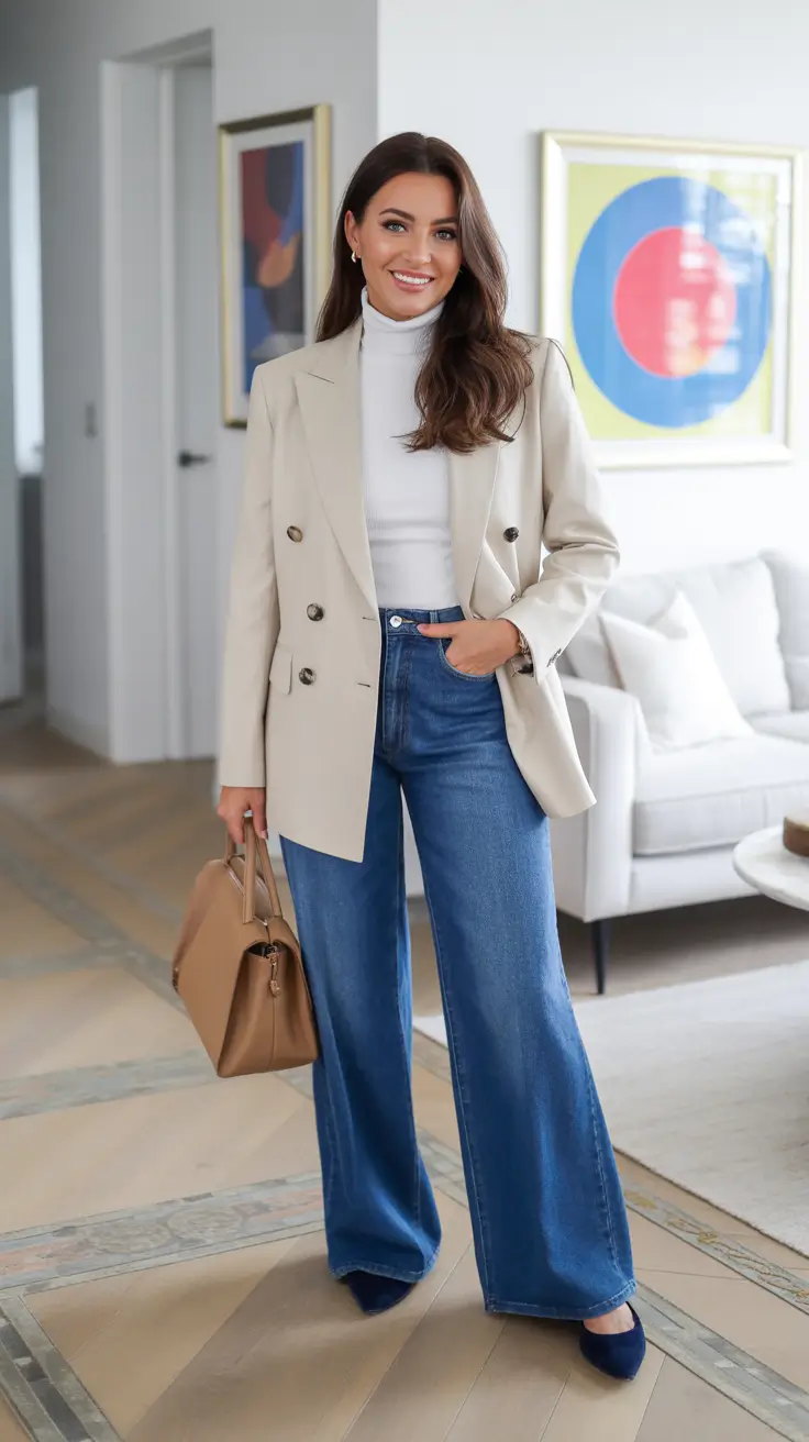 trendy spring wardrobe must-haves 2026 - Cream Blazer With Wide-Leg Denim Confidence