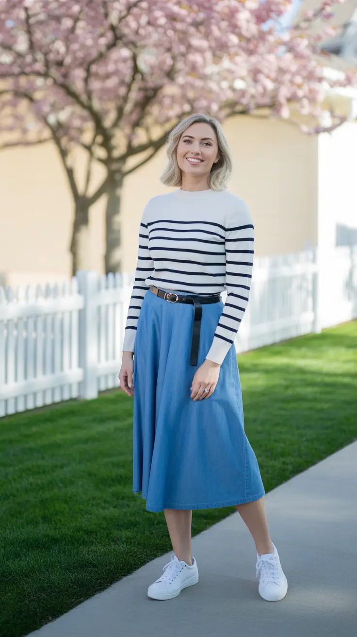 trendy spring wardrobe must-haves 2026 - Classic Stripes With A Denim Midi Skirt And Sneakers