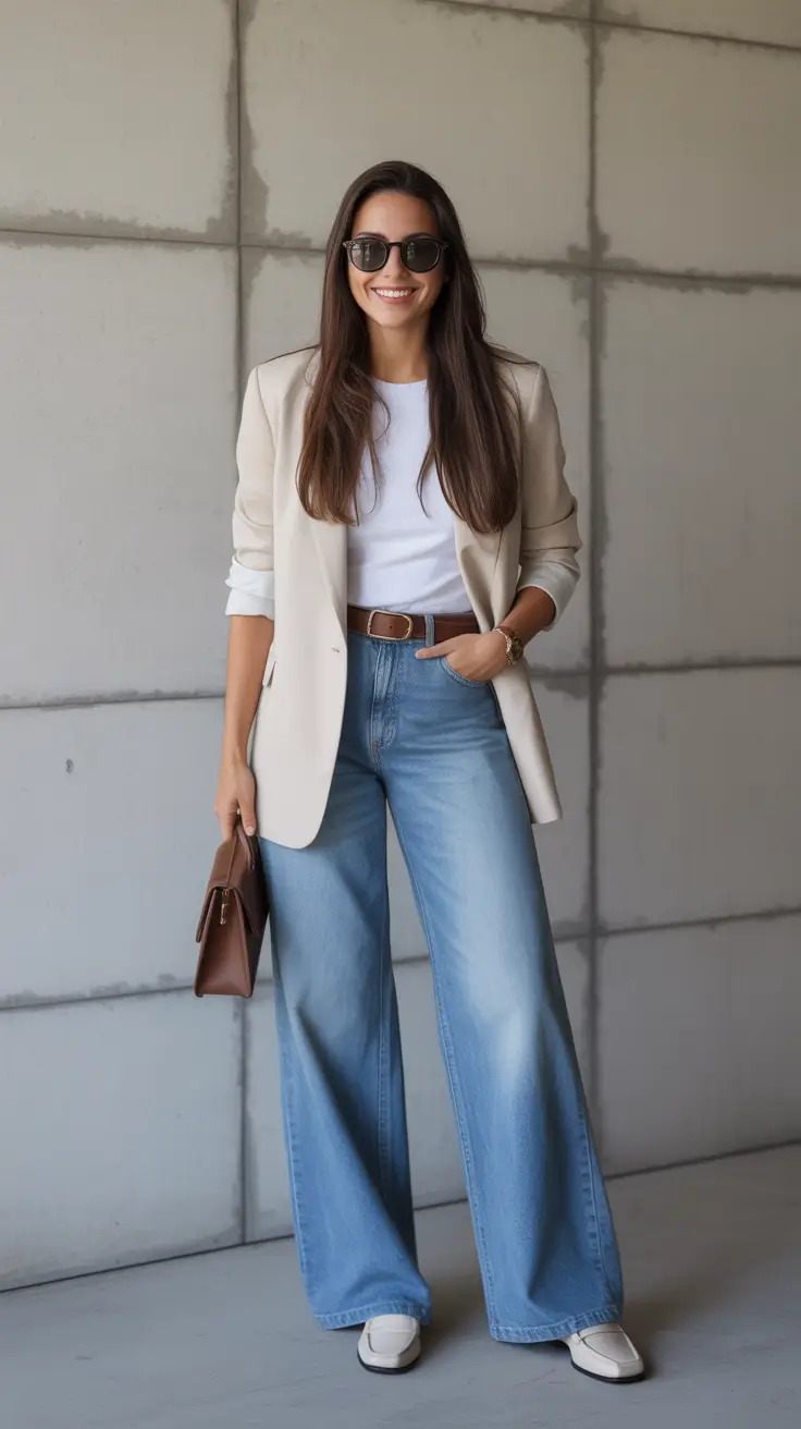 trendy spring wardrobe must-haves 2026 - Beige Blazer With White Tee And Wide Leg Jeans