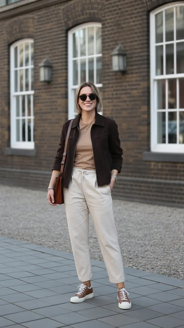 trendy spring wardrobe must-haves 2026 - Chocolate Jacket And Cream Drawstring Pants