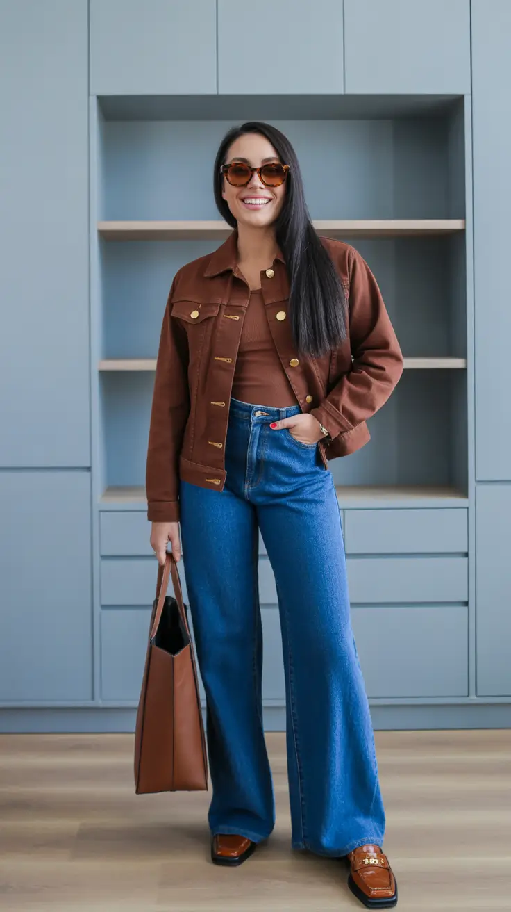 trendy spring wardrobe must-haves 2026 - Brown Jacket And Denim With Gold-Button Energy