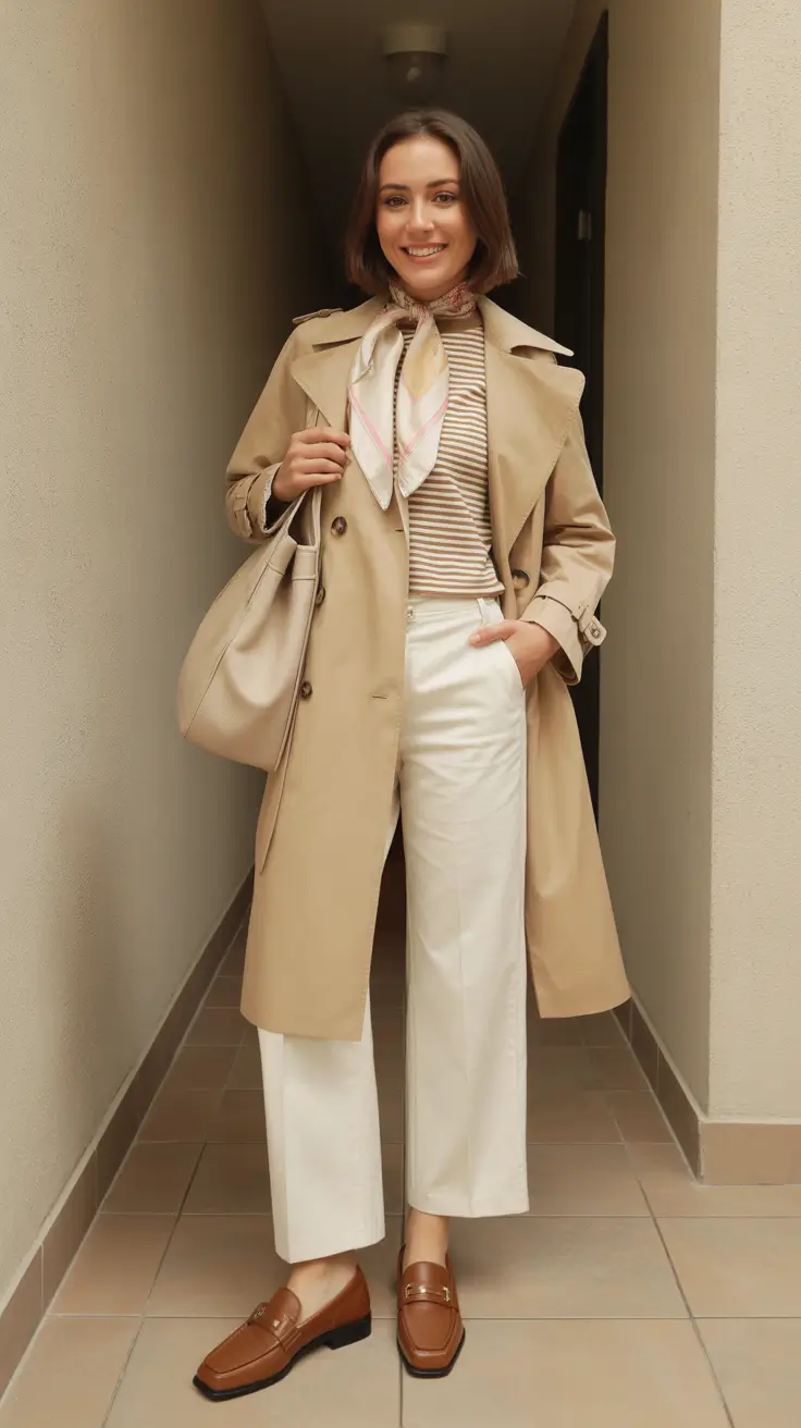 trendy spring wardrobe must-haves 2026 - Trench Coat With Stripes And Soft Neutrals