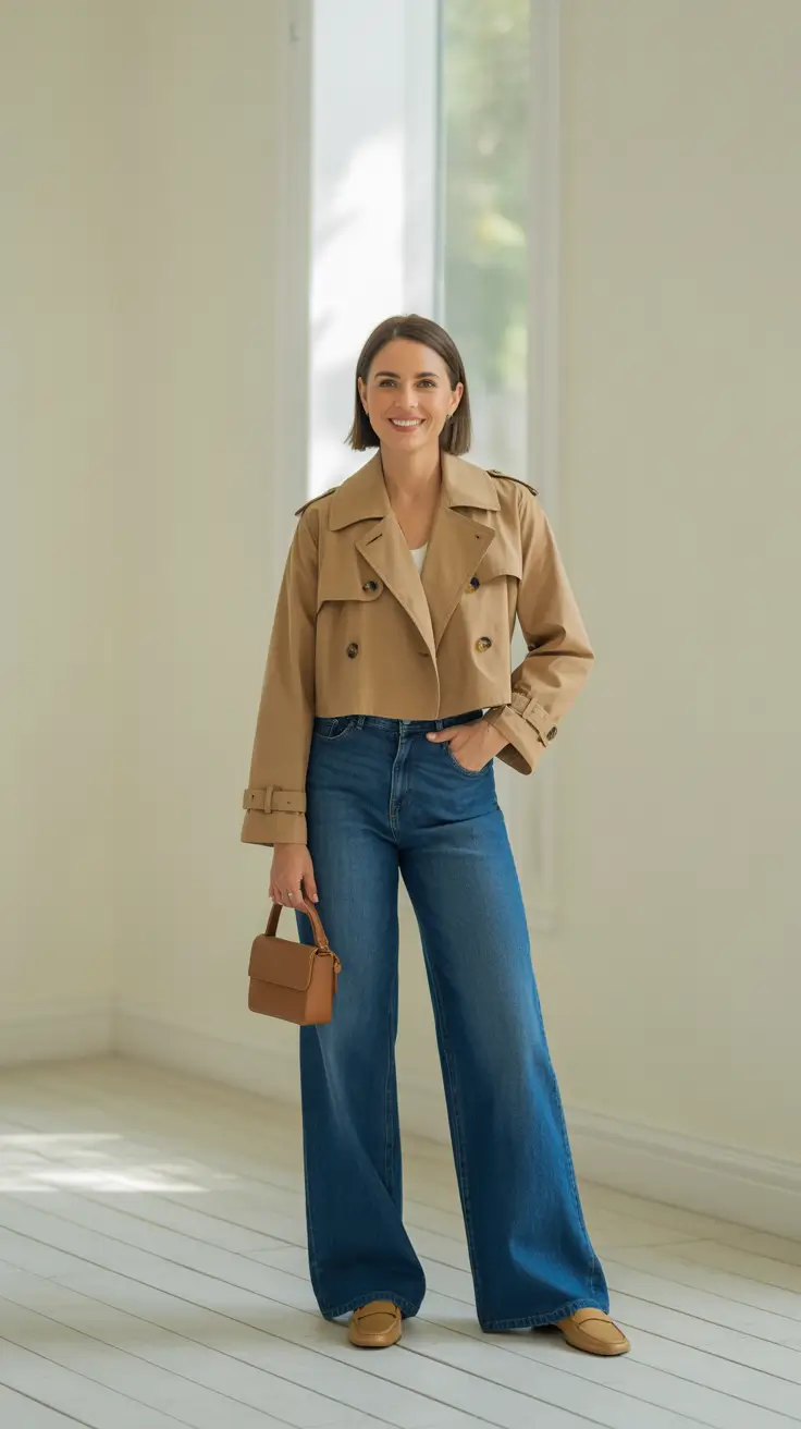 trendy spring wardrobe must-haves 2026 - Cropped Trench Jacket And Wide Leg Jeans Balance