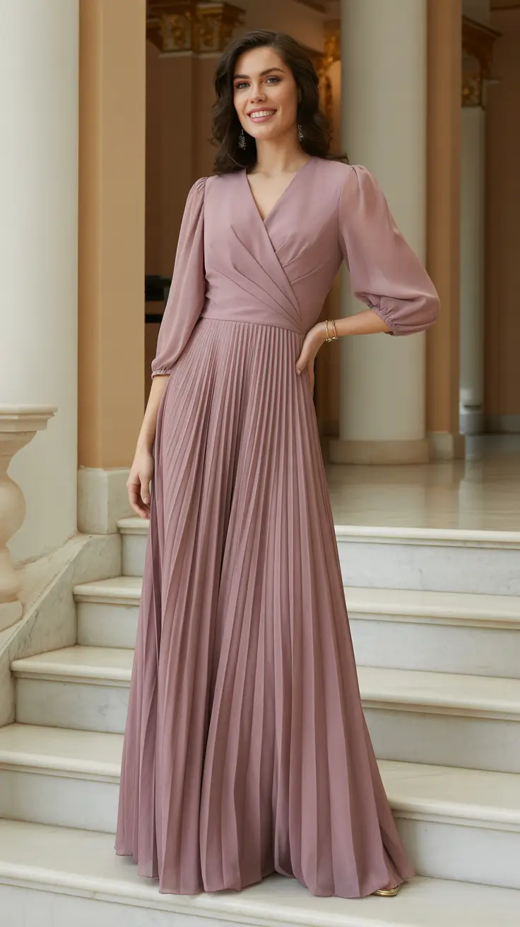 trendy spring wedding guest outfit 2026 + Mauve Wrap Bodice And Pleated Skirt For Romantic Indoor Ceremonies