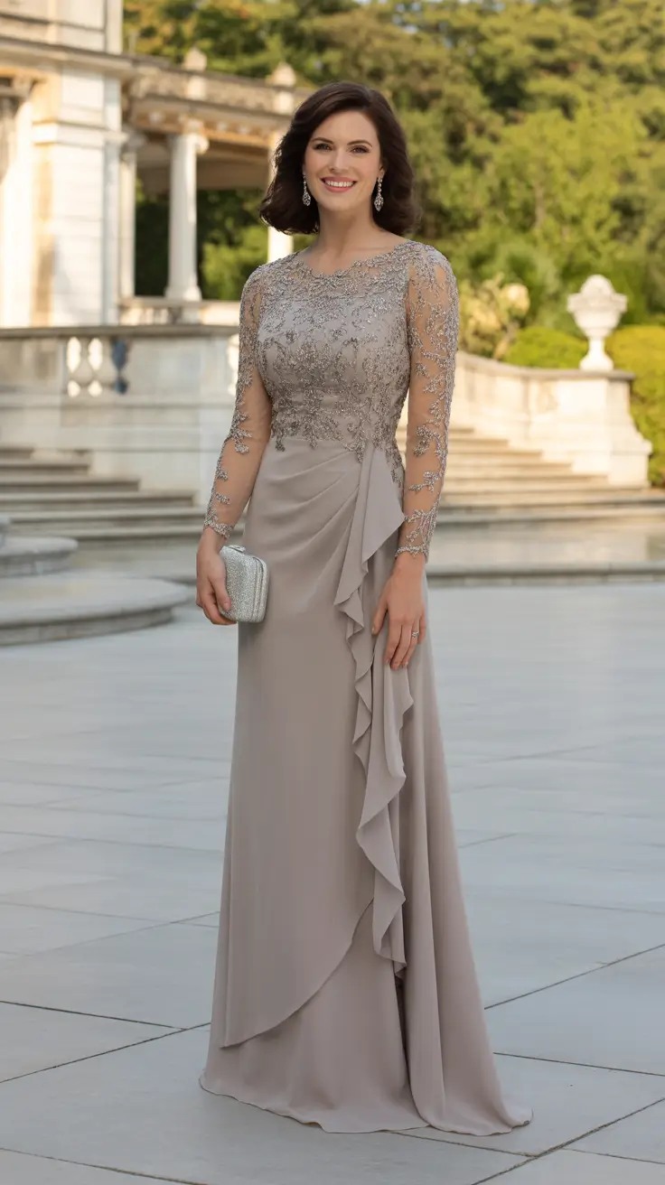 trendy spring wedding guest outfit 2026 + Soft Taupe Gown With Lace Sleeves And Draped Ruffles