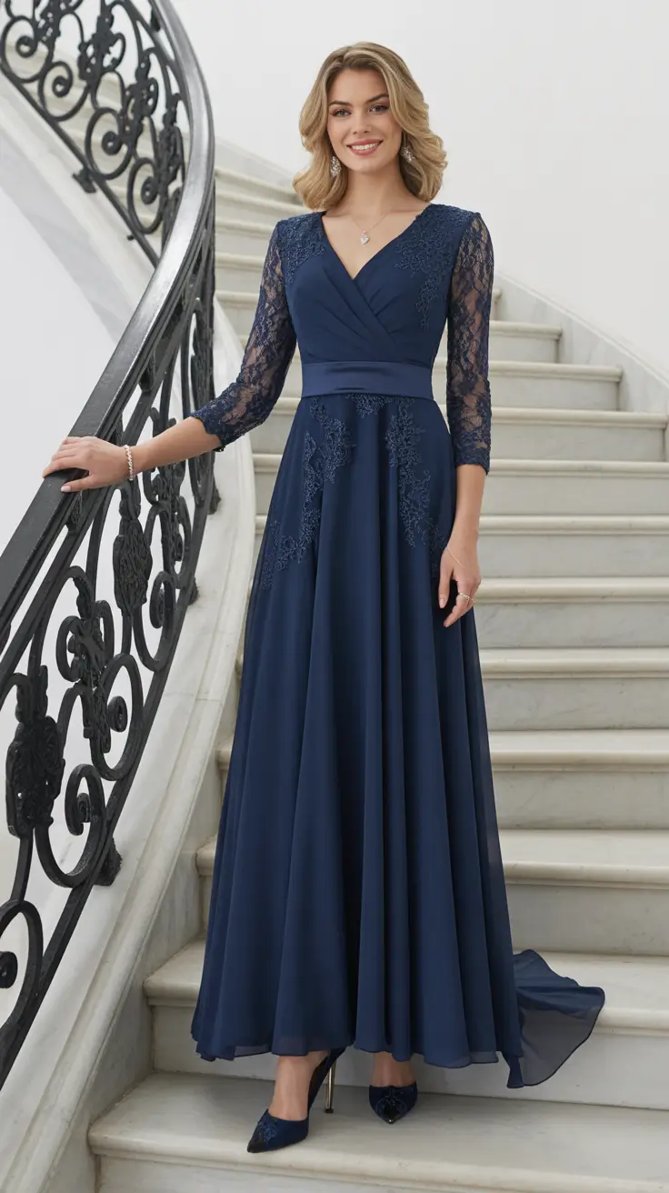 trendy spring wedding guest outfit 2026 + Navy Lace And Chiffon For A Classic Evening Wedding