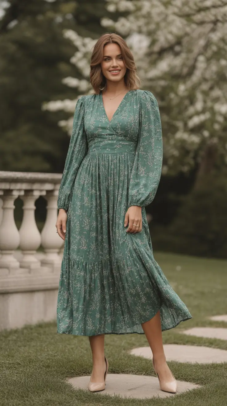 trendy spring wedding guest outfit 2026 + Green Wrap Midi For A Garden Ceremony