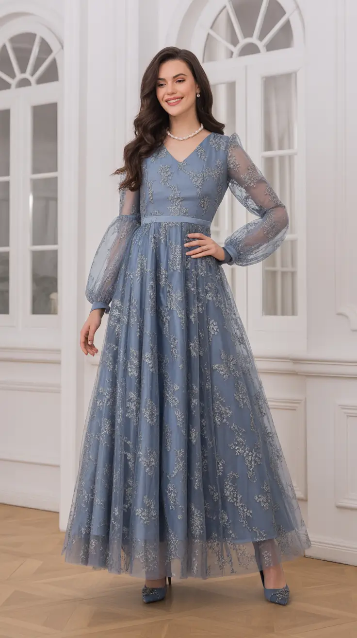 trendy spring wedding guest outfit 2026 + Dusty Blue Tulle With Romantic Balloon Sleeves