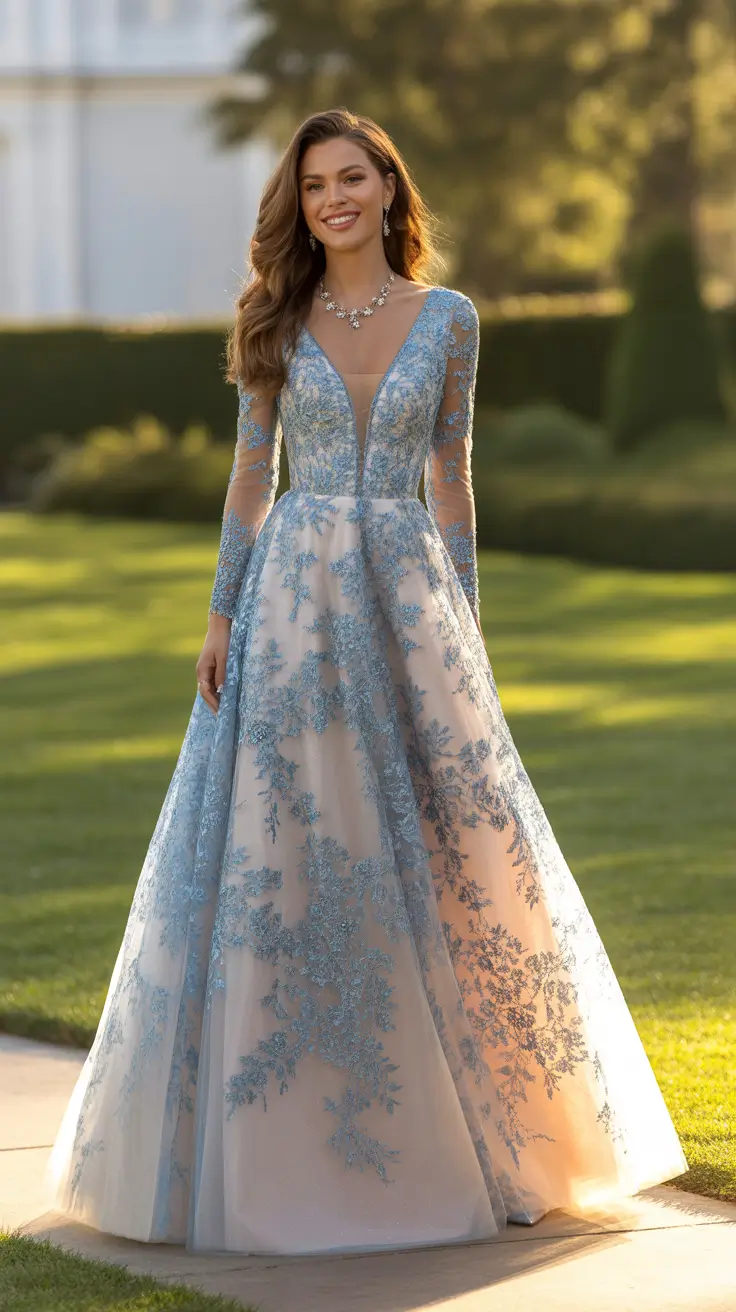 trendy spring wedding guest outfit 2026 + Blue Lace Applique With A Modern Plunge