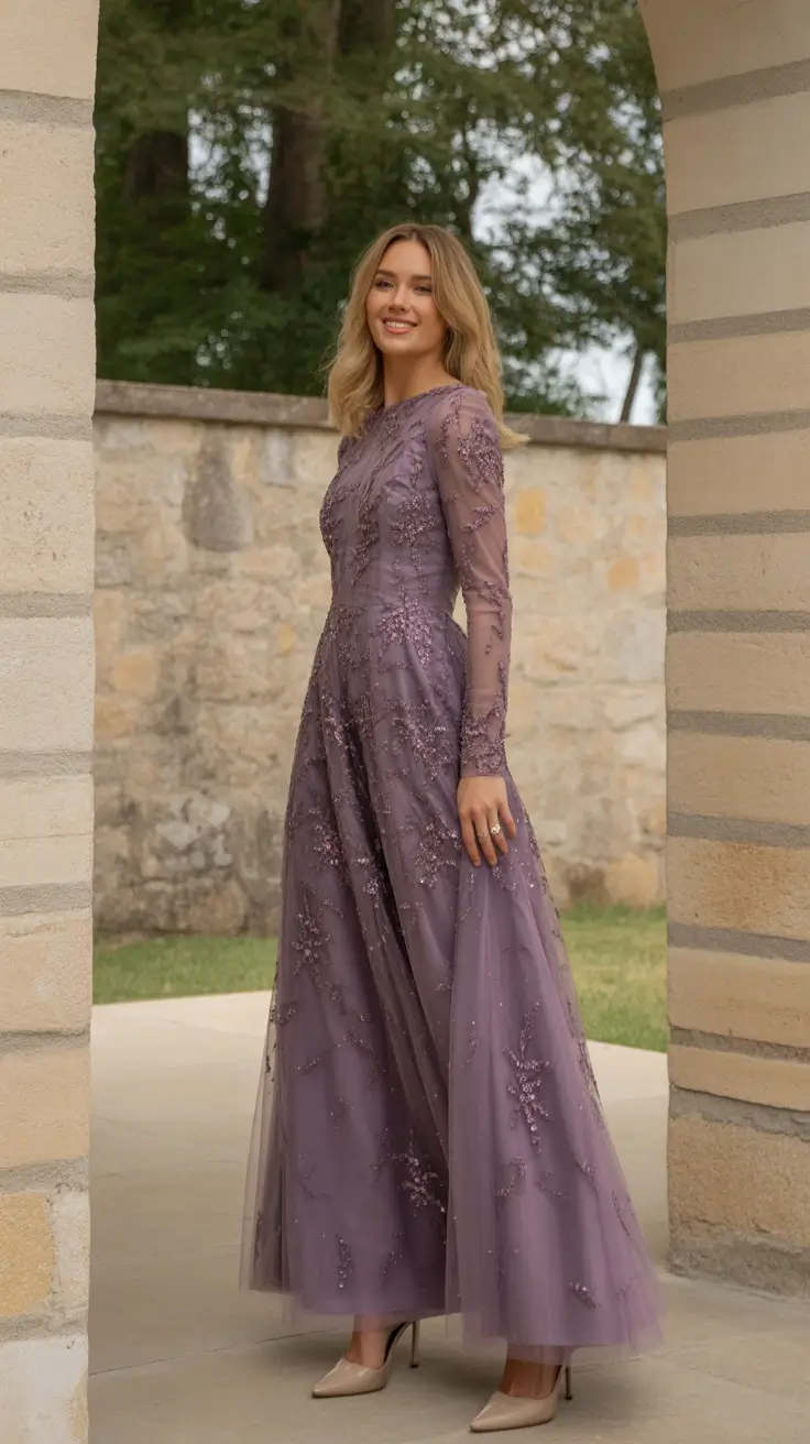 trendy spring wedding guest outfit 2026 + Mauve Long Sleeve Lace For Soft Romance