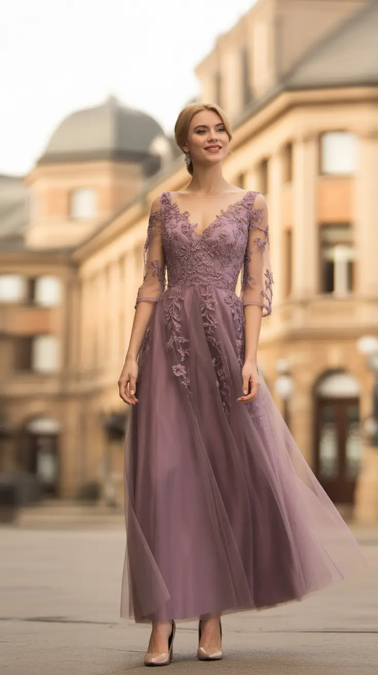 trendy spring wedding guest outfit 2026 + Mauve Tulle Gown With A Light, Floaty Finish