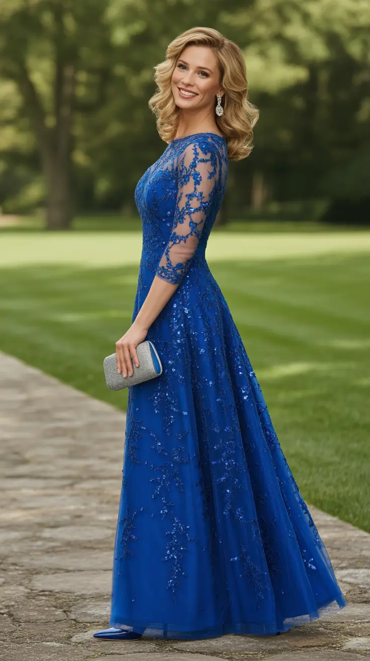 trendy spring wedding guest outfit 2026 + Royal Blue Lace Gown For A Bold Spring Statement
