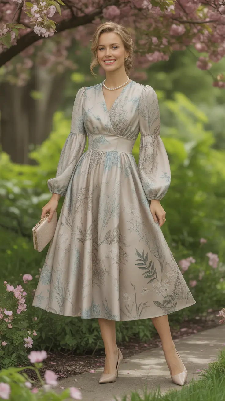 trendy spring wedding guest outfit 2026 + Botanical Midi Dress For Daytime Vows