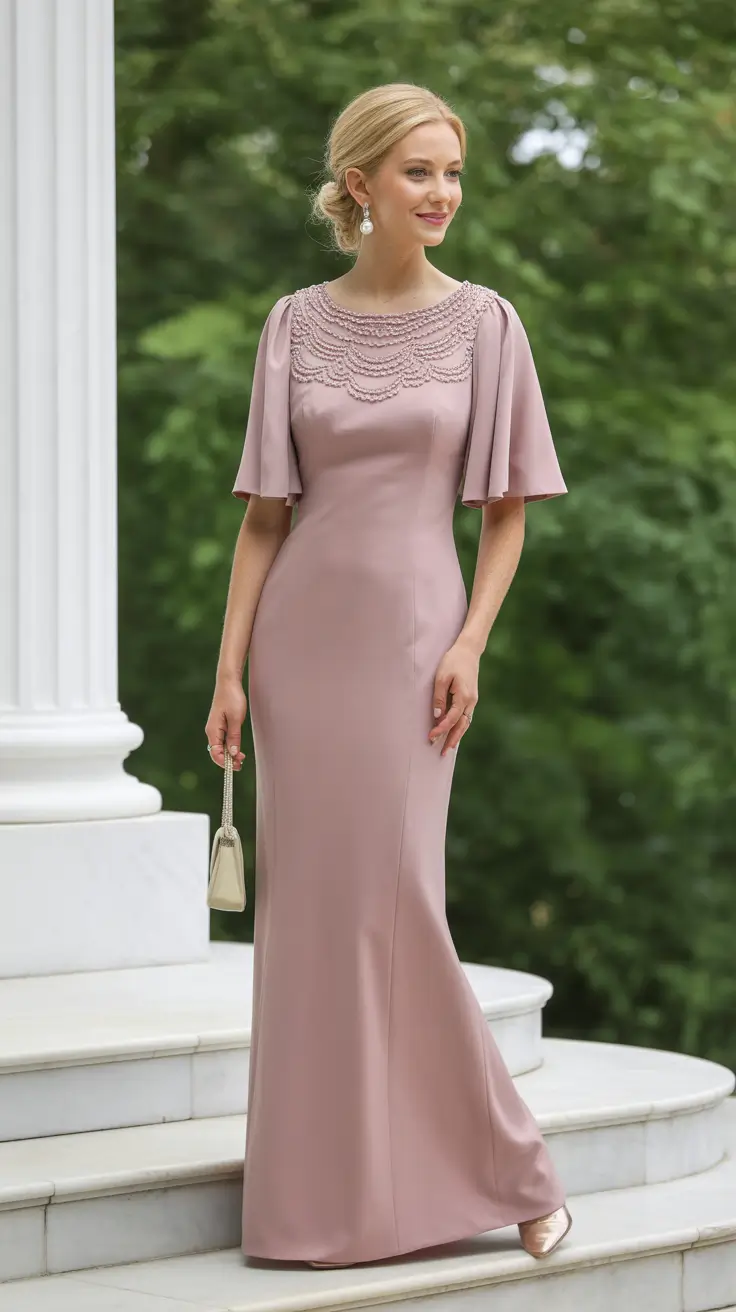 trendy spring wedding guest outfit 2026 + Dusty Rose Column Gown With Beaded Detail