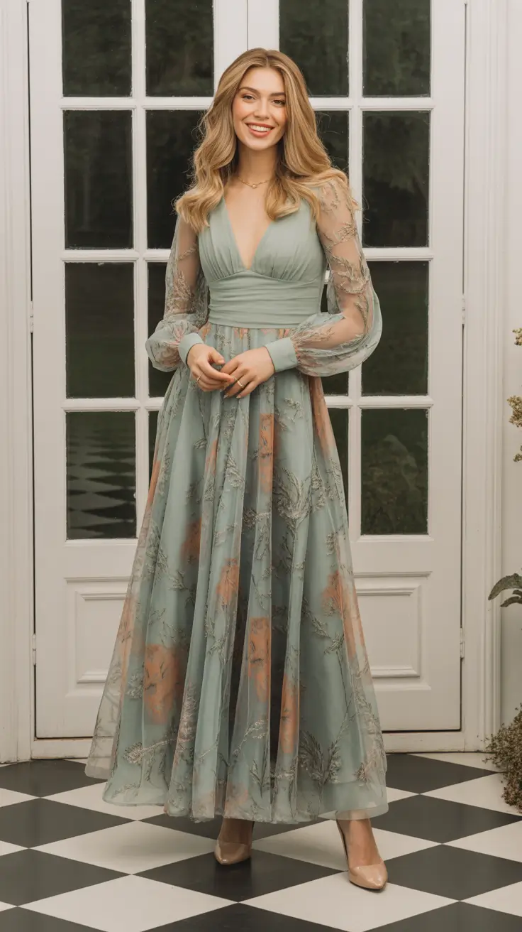 trendy spring wedding guest outfit 2026 + Sage Green Elegance With Sheer Sleeves