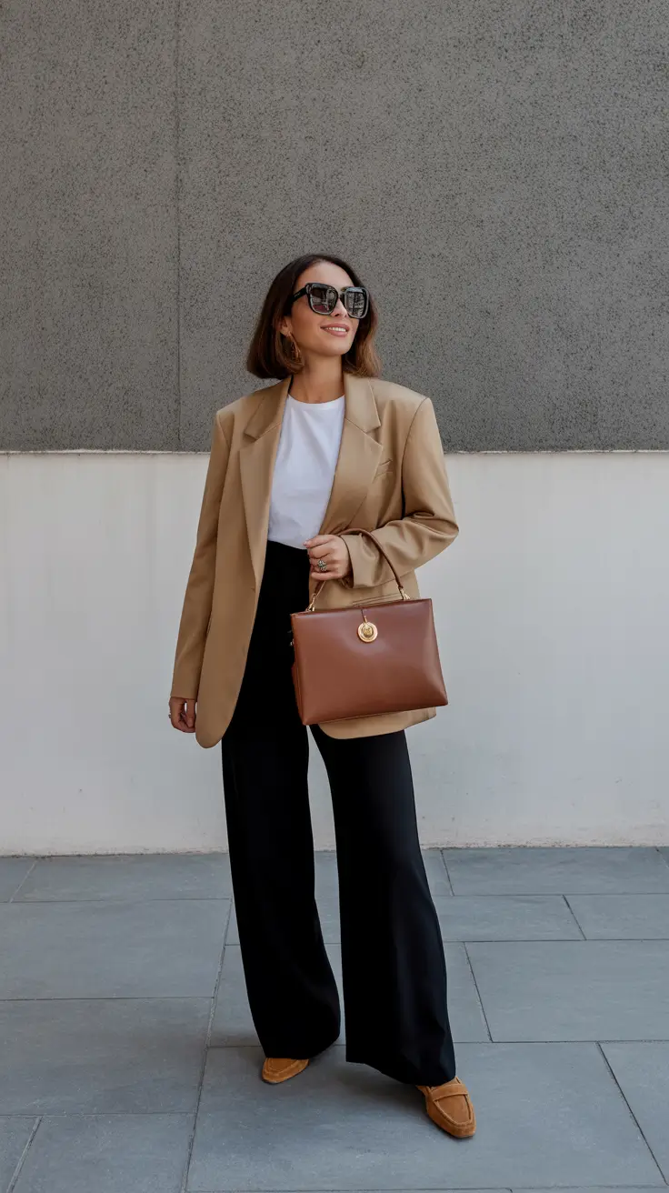 trendy spring work outfits 2026 Camel Blazer With Wide-Leg Black Pants For Polished Ease